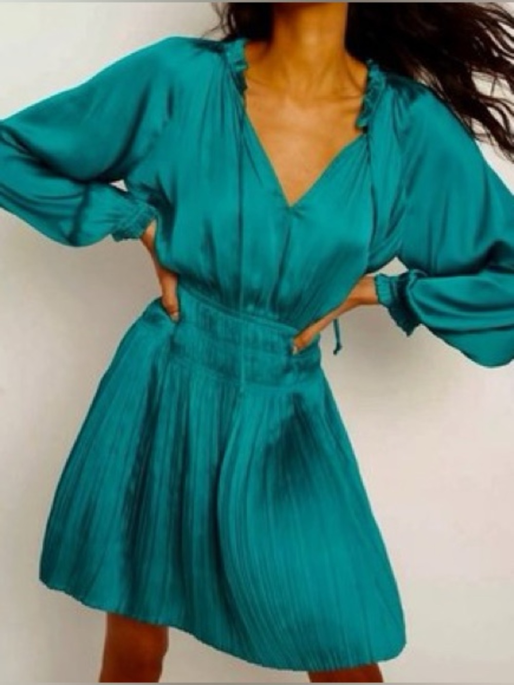 Anthropologie Current Air Teal Pleated V-Neck Mini Dress